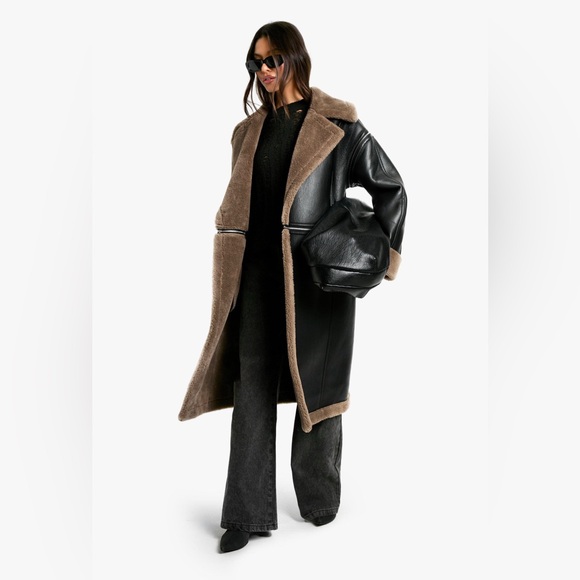 4 In 1 Detachable Aviator Stylish Black and Brown Shearling Coat - Picture 1 of 1